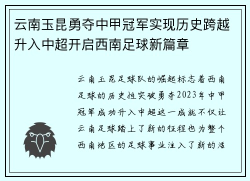 云南玉昆勇夺中甲冠军实现历史跨越升入中超开启西南足球新篇章 云南玉昆勇夺中甲冠军实现历史跨越升入中超开启西南足球新篇章