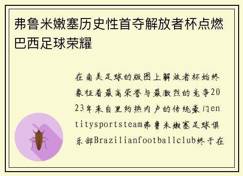 弗鲁米嫩塞历史性首夺解放者杯点燃巴西足球荣耀
